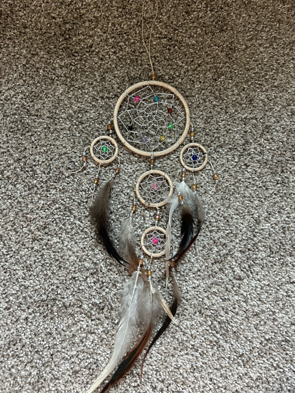 Beige Boho Dreamcatcher Wall Hanging with Multicolor Beads